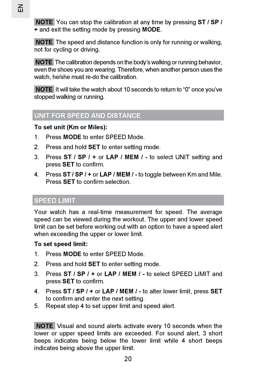 Oregon Scientific SE300 manual Unit for Speed and Distance, Speed Limit, To set unit Km or Miles, To set speed limit 