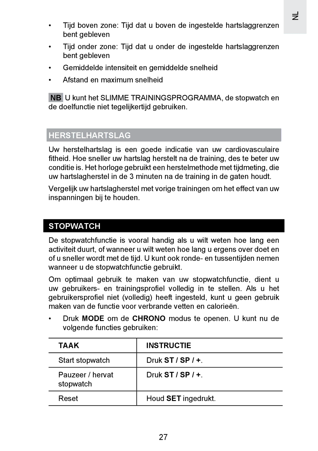 Oregon Scientific SE300 manual Herstelhartslag, Taak Instructie, Druk ST / SP / + 