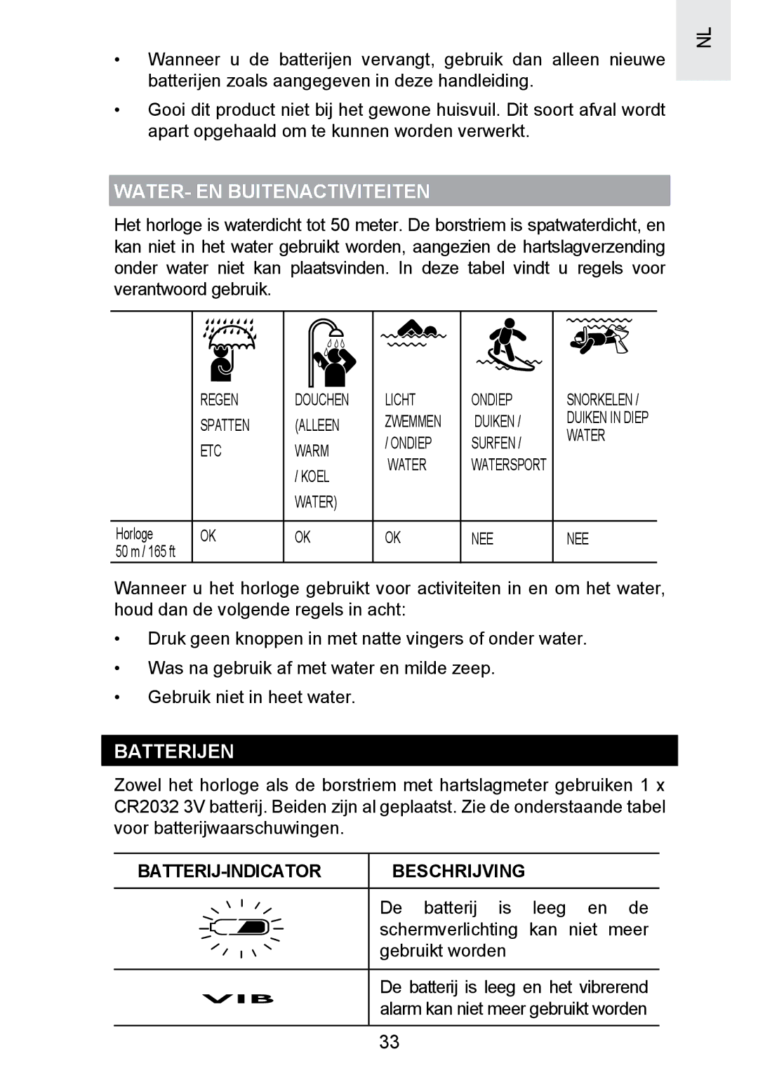 Oregon Scientific SE300 manual WATER- EN Buitenactiviteiten, Batterijen, BATTERIJ-INDICATOR Beschrijving 