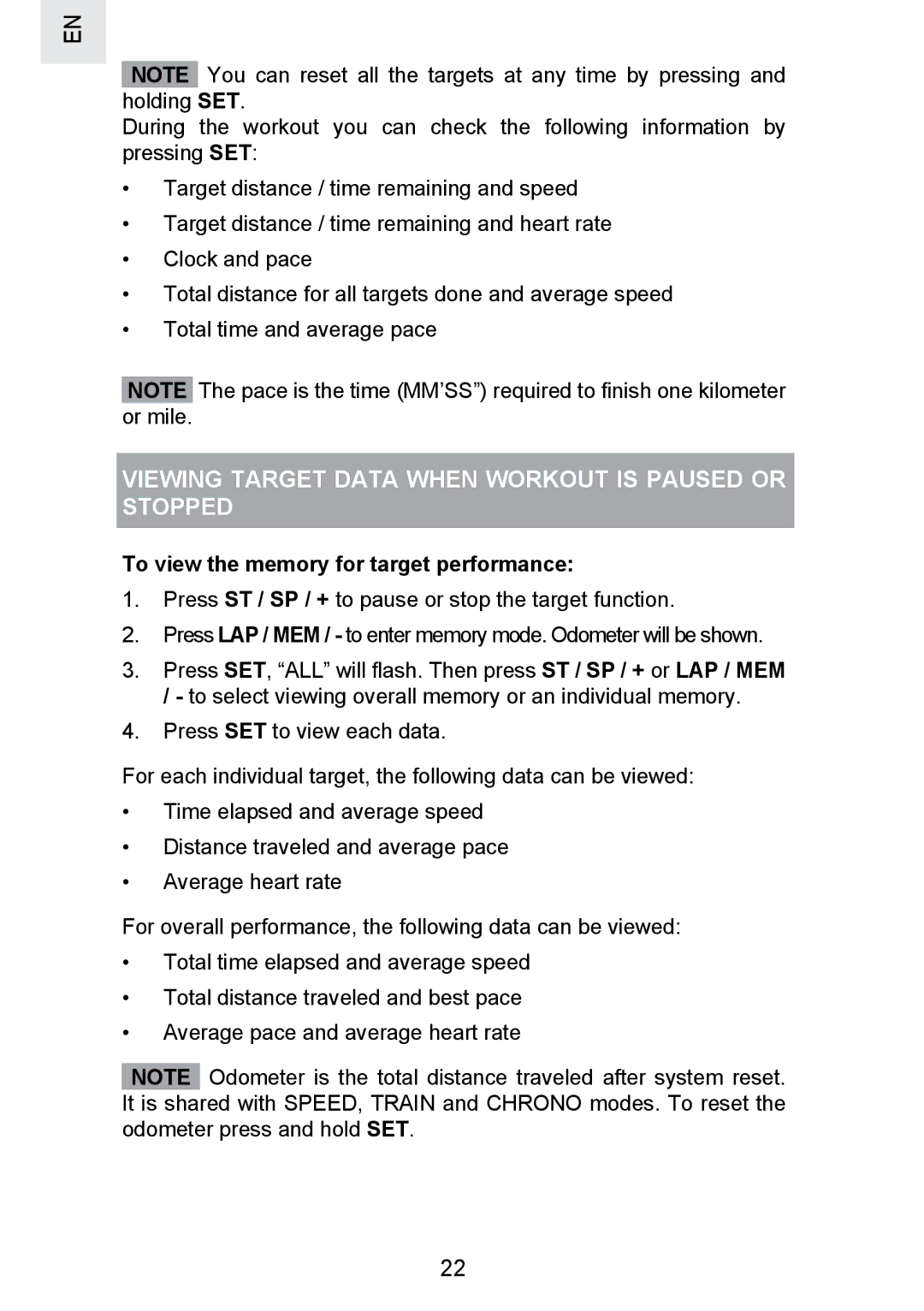 Oregon Scientific SE300 Viewing Target Data When Workout is Paused or Stopped, To view the memory for target performance 