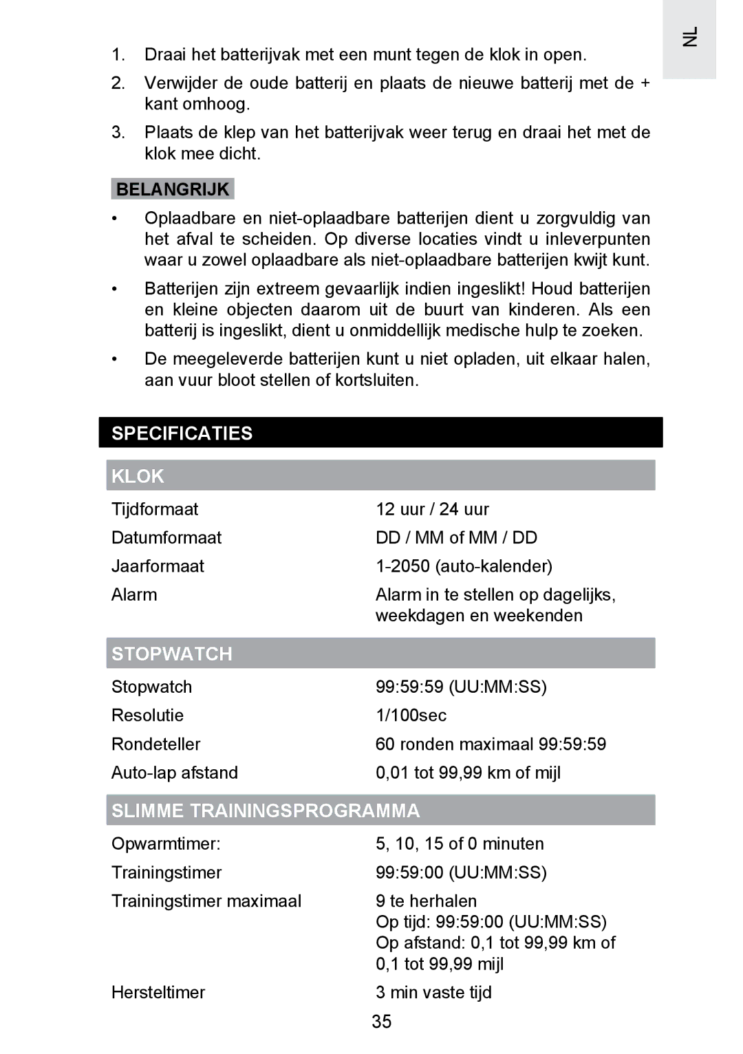 Oregon Scientific SE300 manual Specificaties Klok, Slimme Trainingsprogramma, Belangrijk 