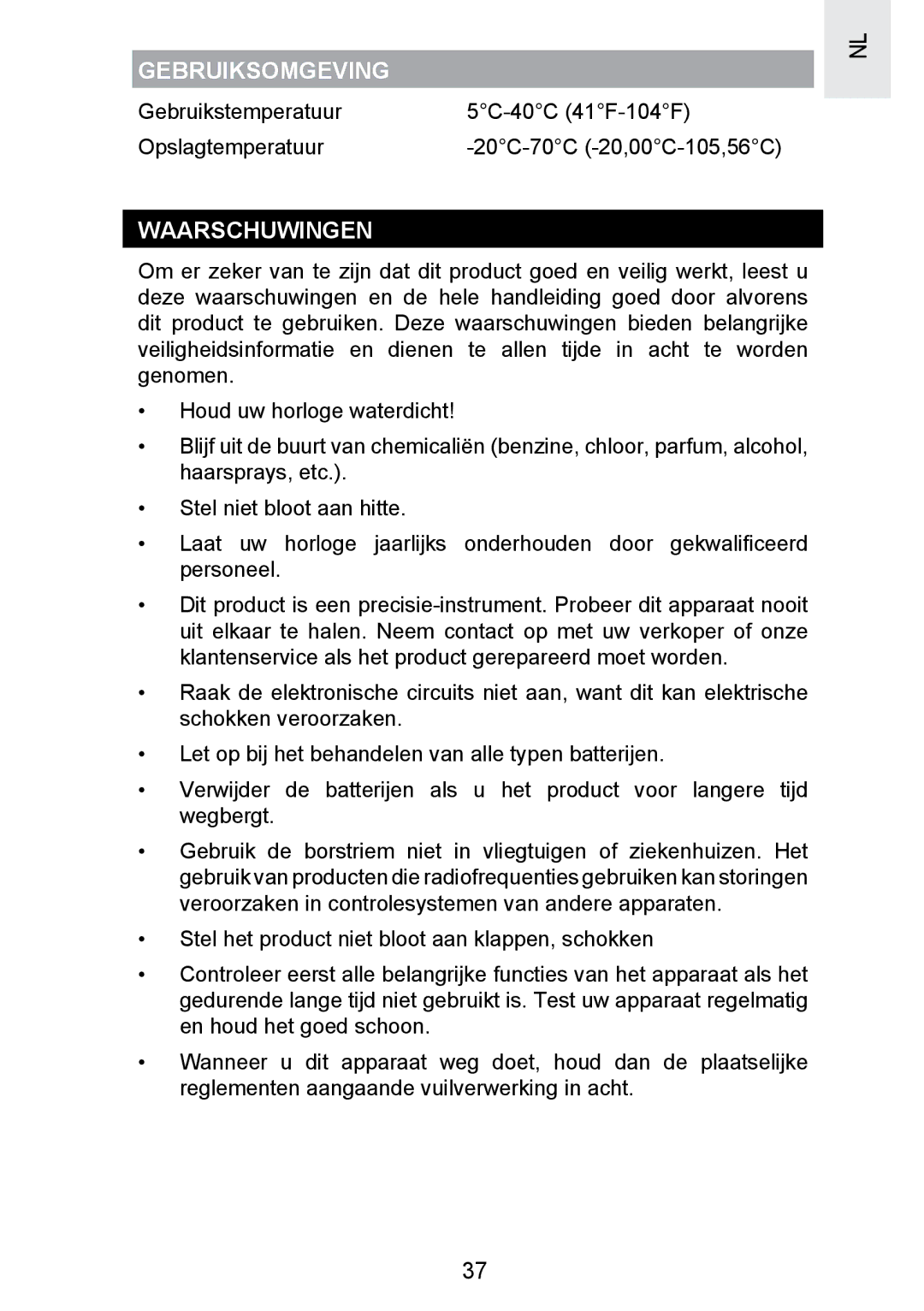 Oregon Scientific SE300 manual Gebruiksomgeving, Waarschuwingen 