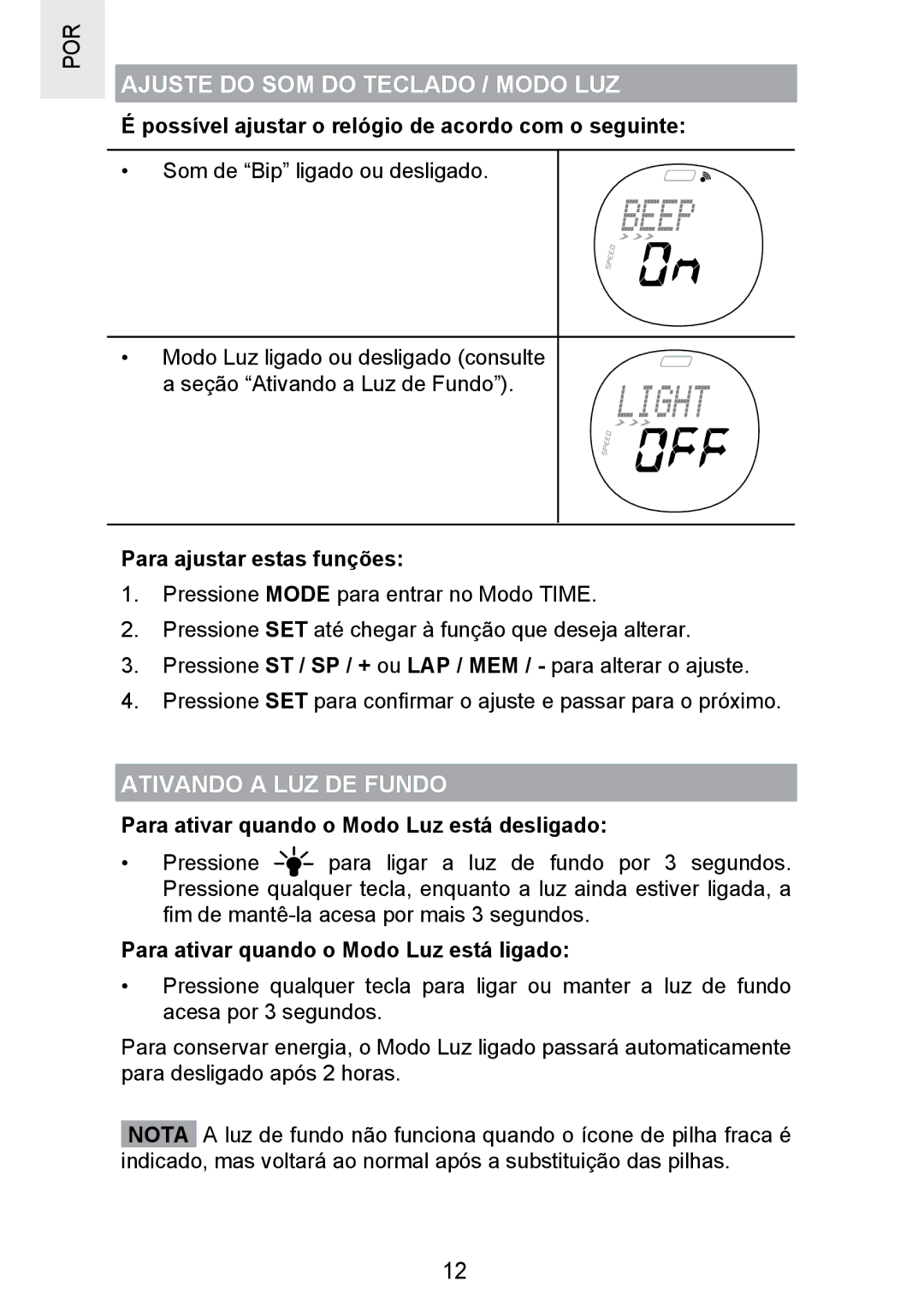 Oregon Scientific SE300 manual Ajuste do SOM do Teclado / Modo LUZ, Ativando a LUZ DE Fundo 