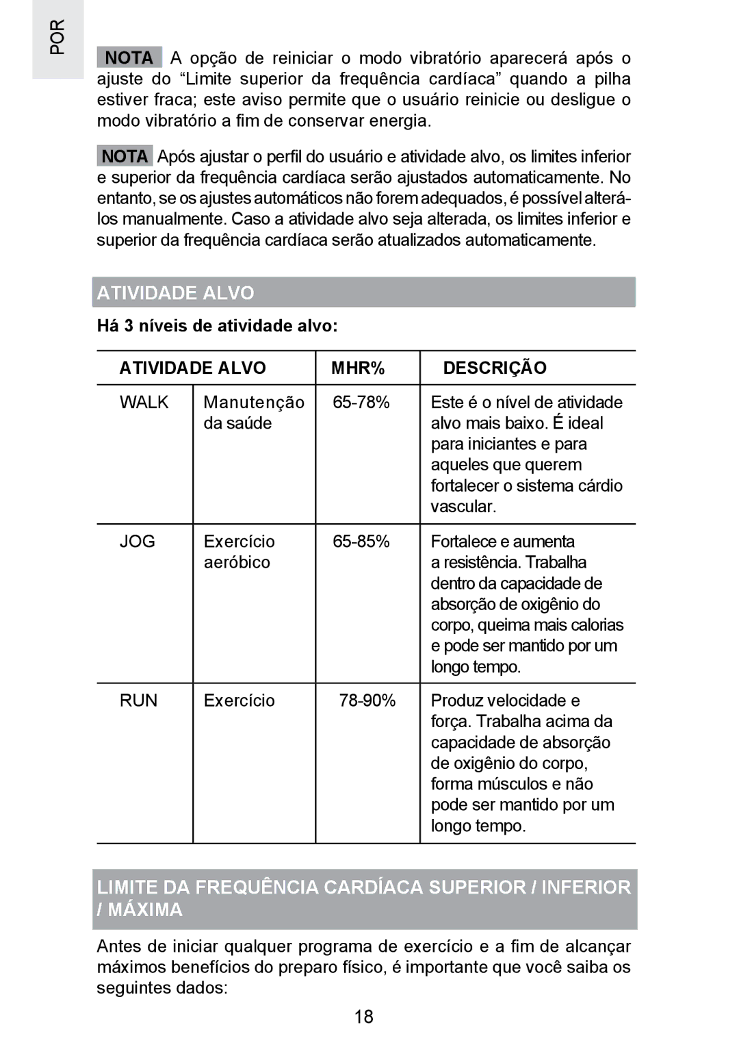 Oregon Scientific SE300 manual Atividade Alvo, Limite DA Frequência Cardíaca Superior / Inferior / Máxima 