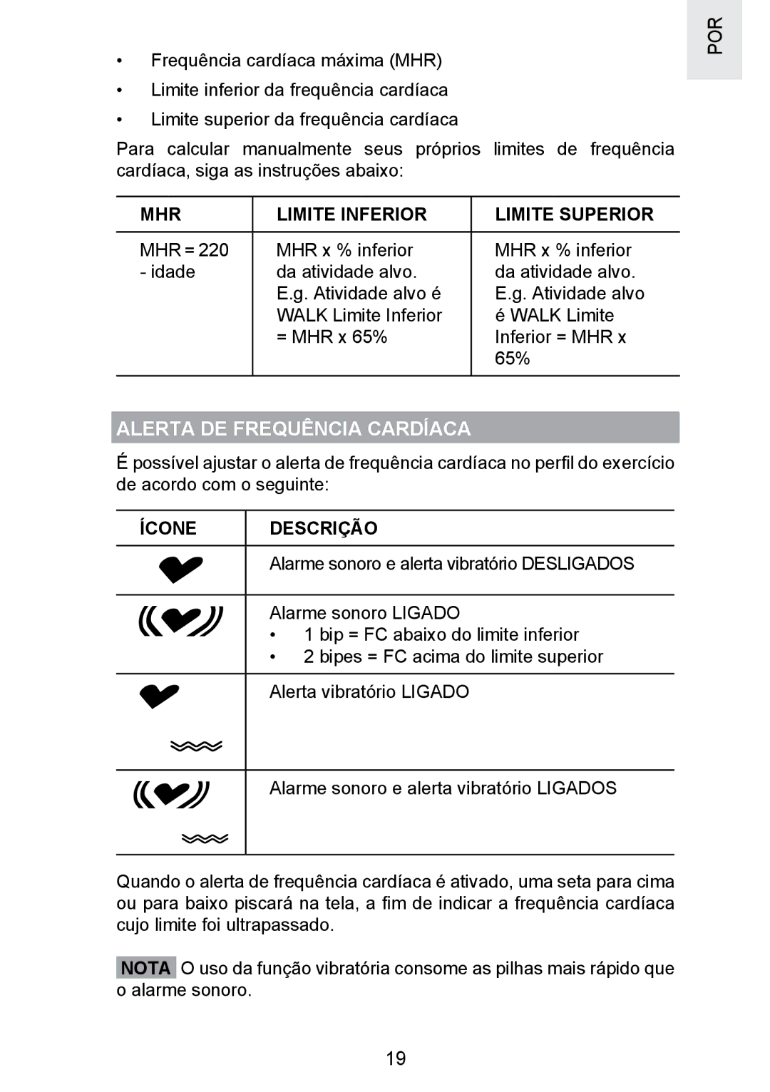 Oregon Scientific SE300 manual Alerta DE Frequência Cardíaca, MHR Limite Inferior Limite Superior 