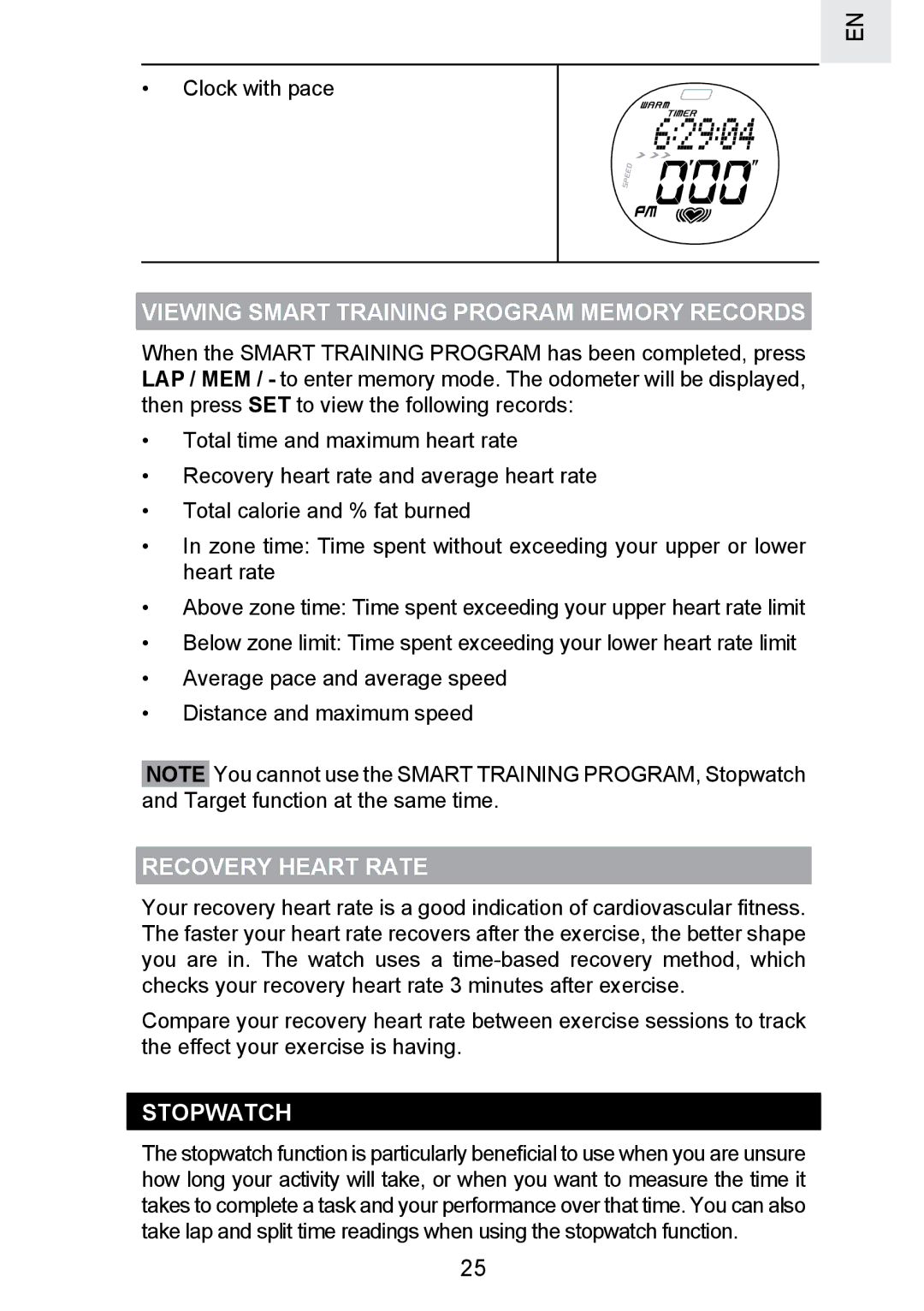 Oregon Scientific SE300 manual Viewing Smart Training Program Memory Records, Recovery Heart Rate, Stopwatch 