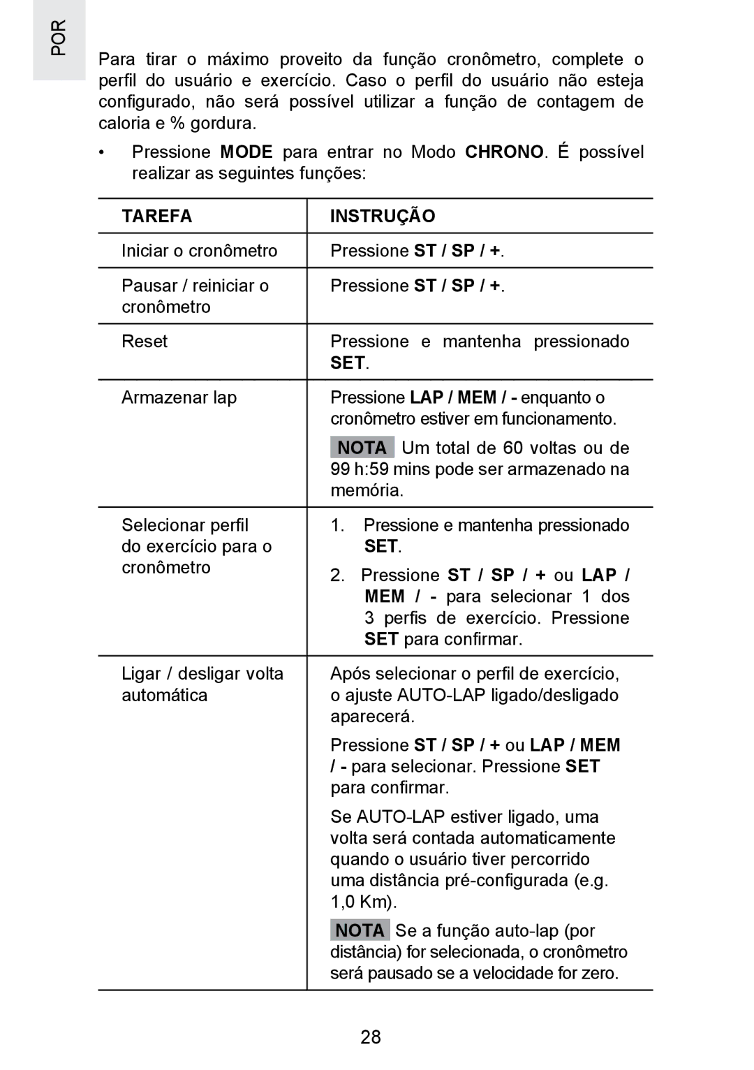 Oregon Scientific SE300 manual Tarefa Instrução, Set, Pressione ST / SP / + ou LAP 