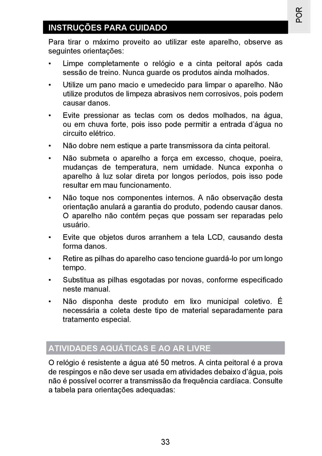 Oregon Scientific SE300 manual Instruções Para Cuidado, Atividades Aquáticas E AO AR Livre 