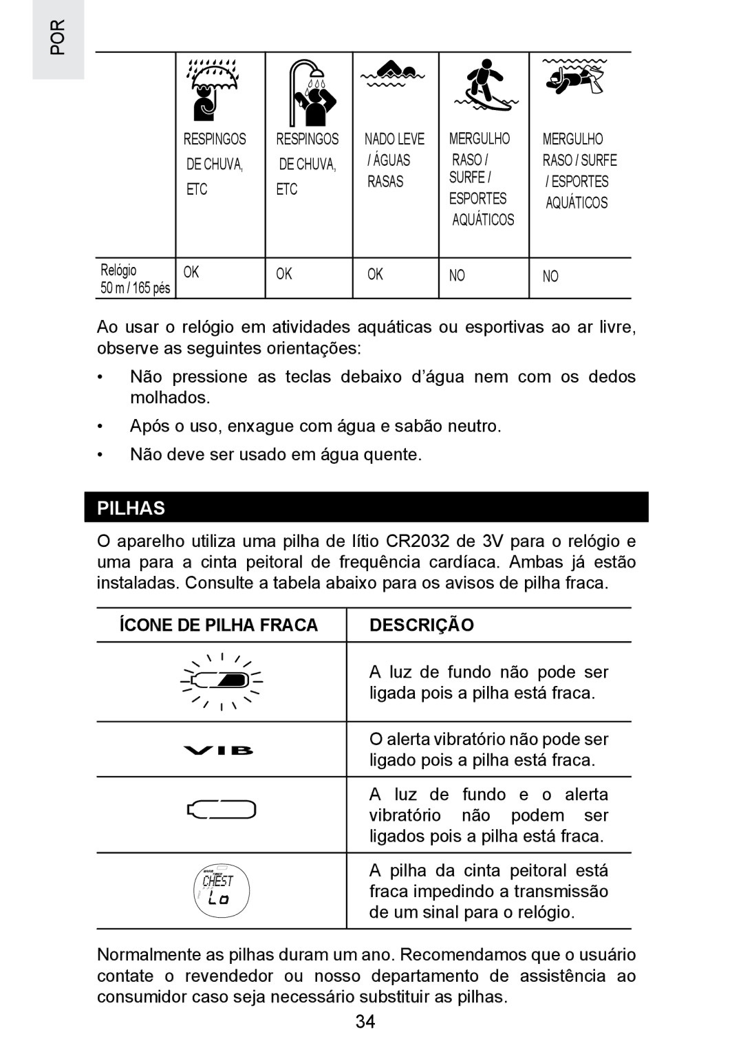 Oregon Scientific SE300 manual Pilhas, Ícone DE Pilha Fraca Descrição 