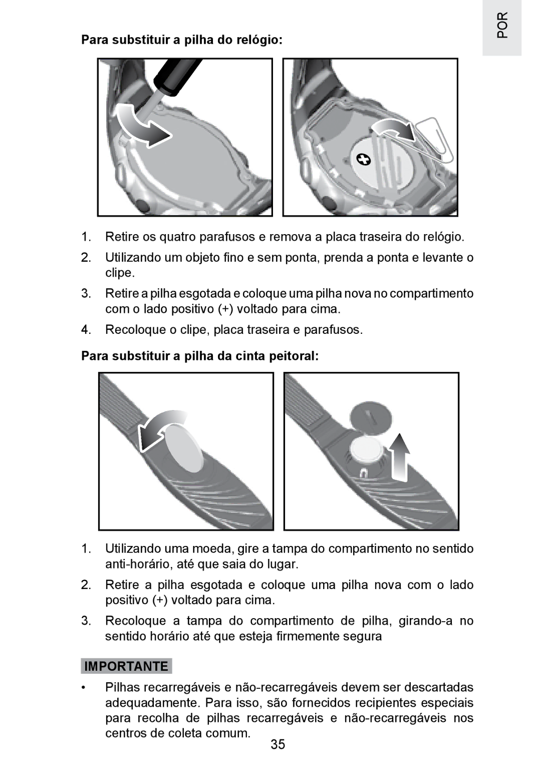 Oregon Scientific SE300 manual Para substituir a pilha do relógio, Para substituir a pilha da cinta peitoral 