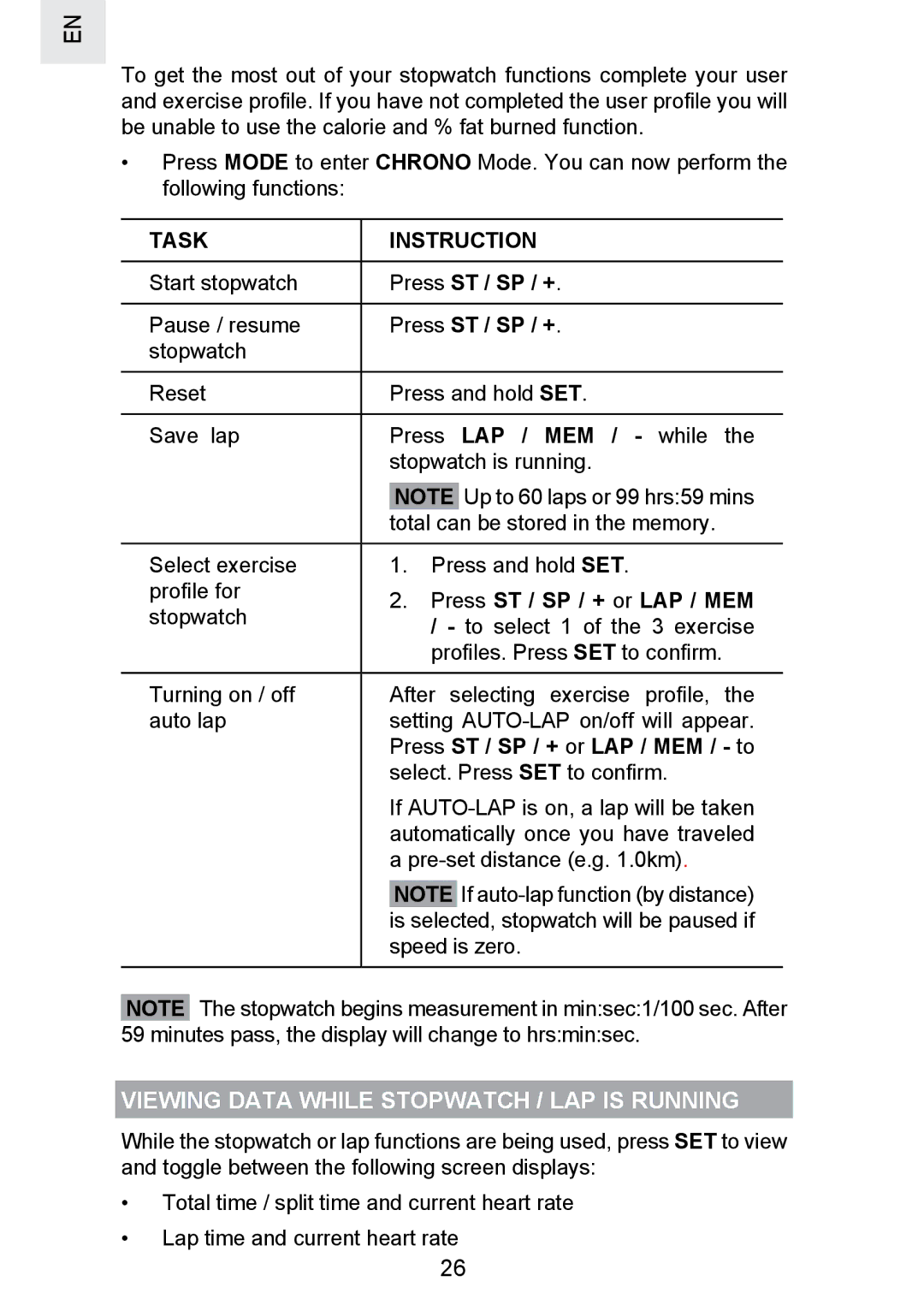 Oregon Scientific SE300 manual Viewing Data While Stopwatch / LAP is Running, Task Instruction, Press ST / SP / + 