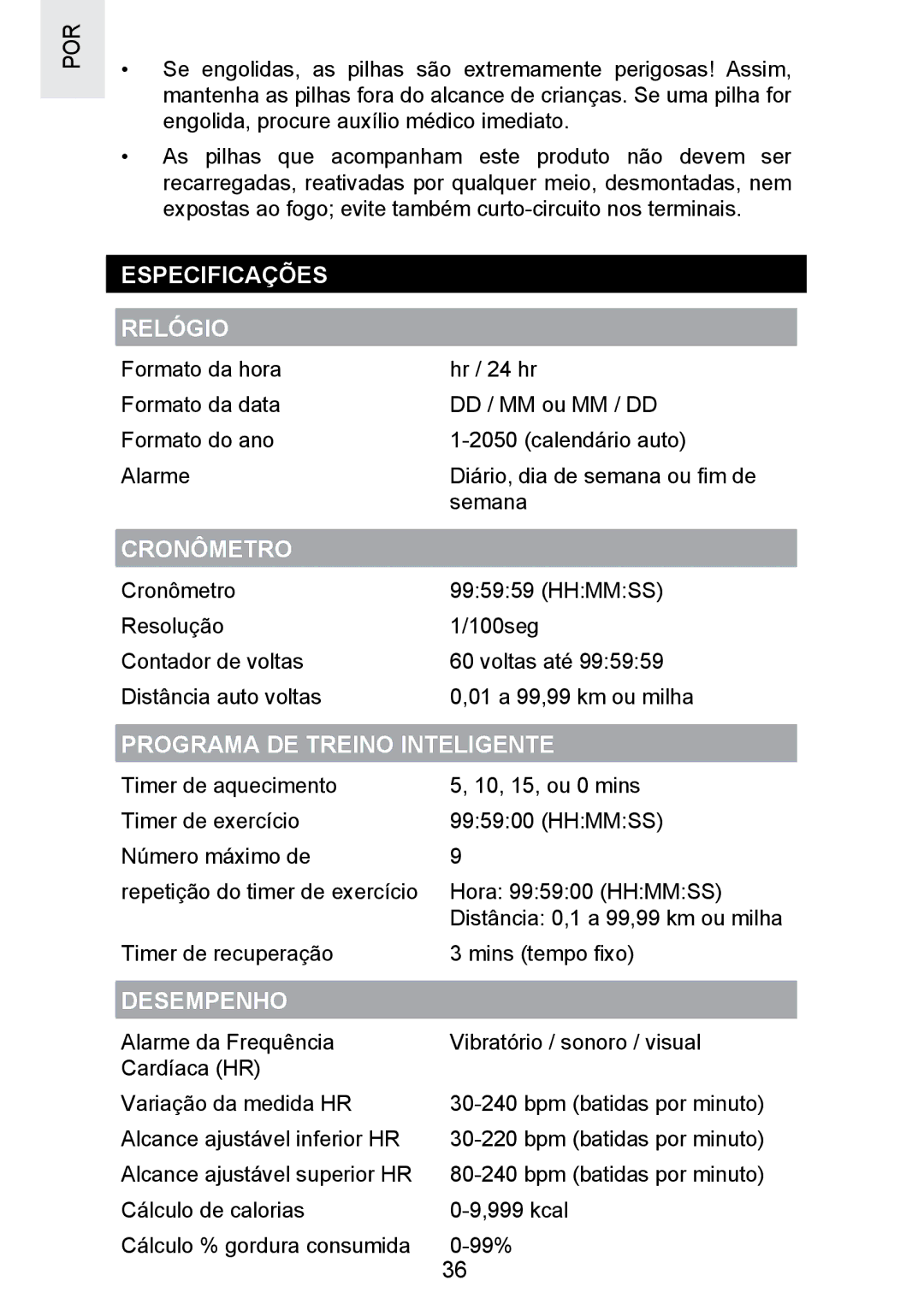 Oregon Scientific SE300 manual Especificações Relógio, Programa DE Treino Inteligente, Desempenho 