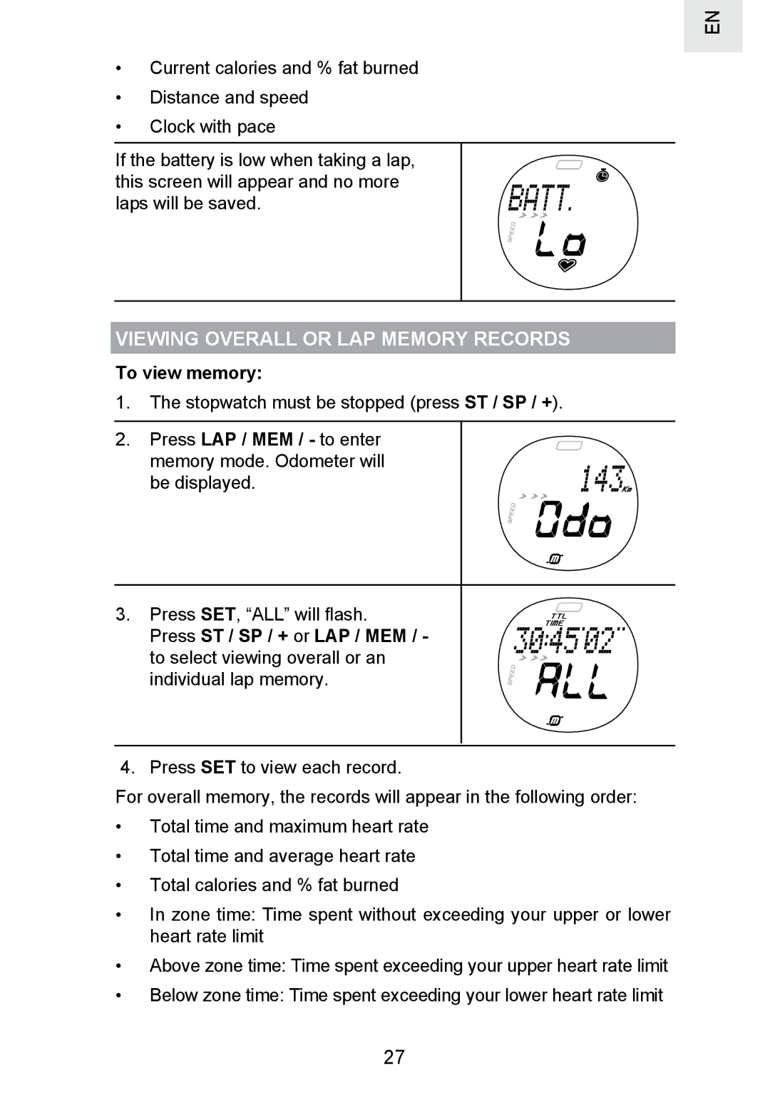 Oregon Scientific SE300 manual Viewing Overall or LAP Memory Records, To view memory 