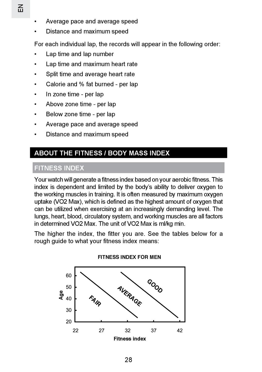 Oregon Scientific SE300 manual About the Fitness / Body Mass Index Fitness Index, Average 