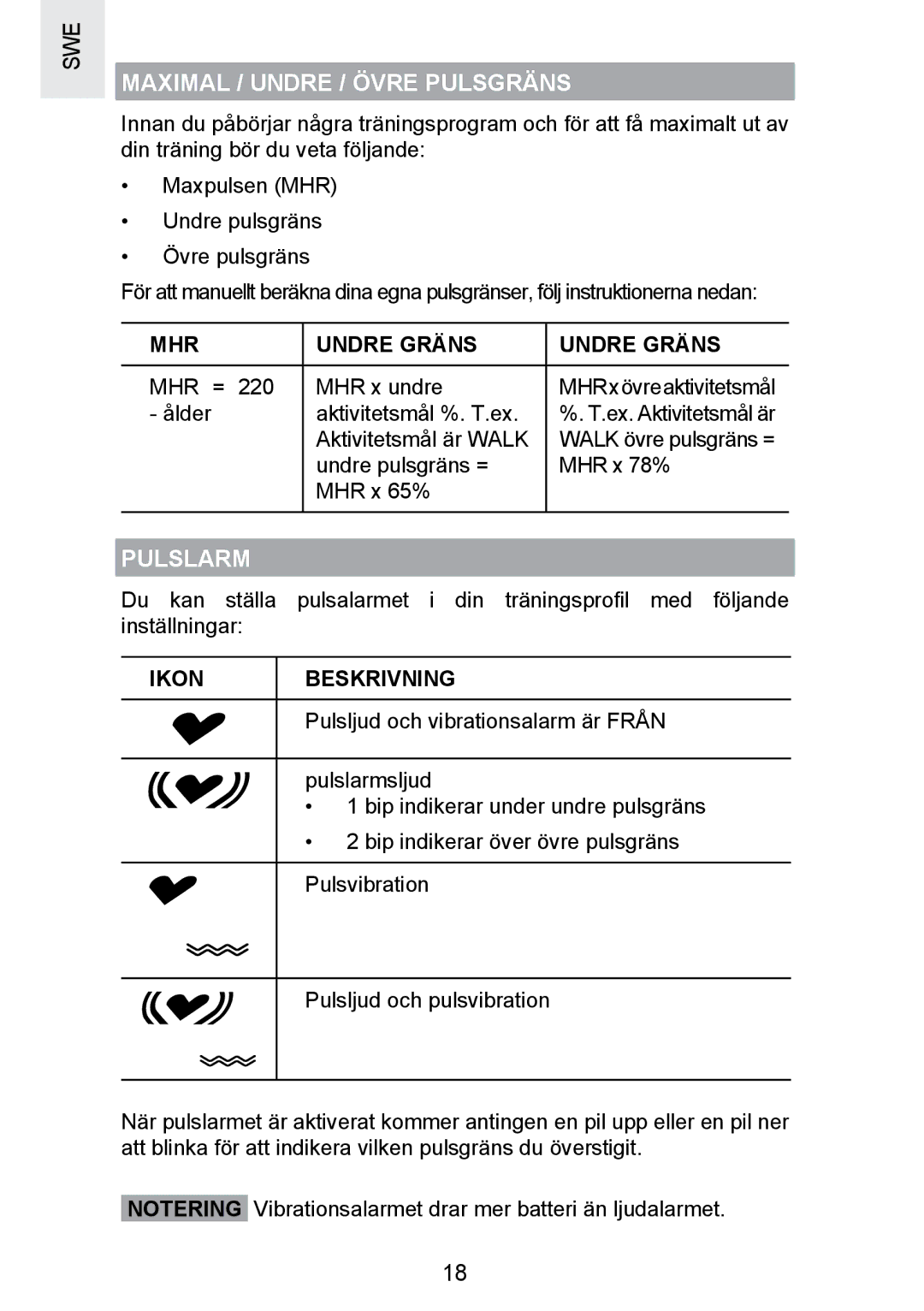 Oregon Scientific SE300 manual Maximal / Undre / Övre Pulsgräns, Pulslarm, MHR Undre Gräns 