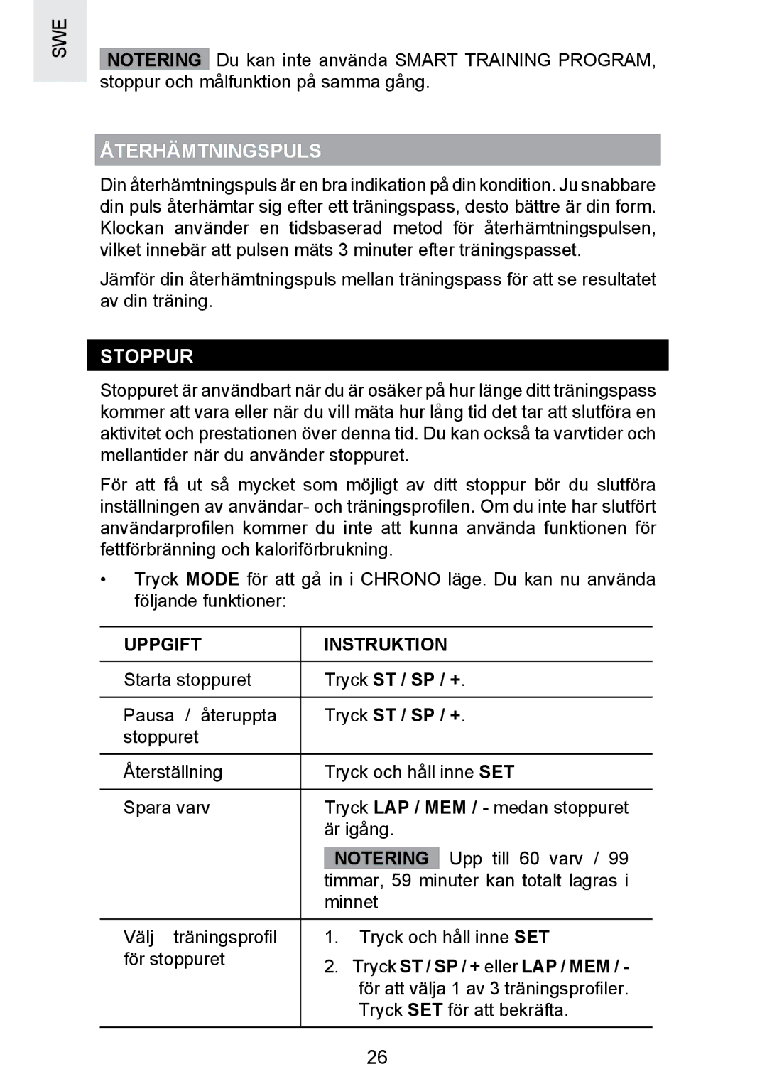 Oregon Scientific SE300 manual Återhämtningspuls, Stoppur, Uppgift Instruktion, Tryck ST / SP / + 