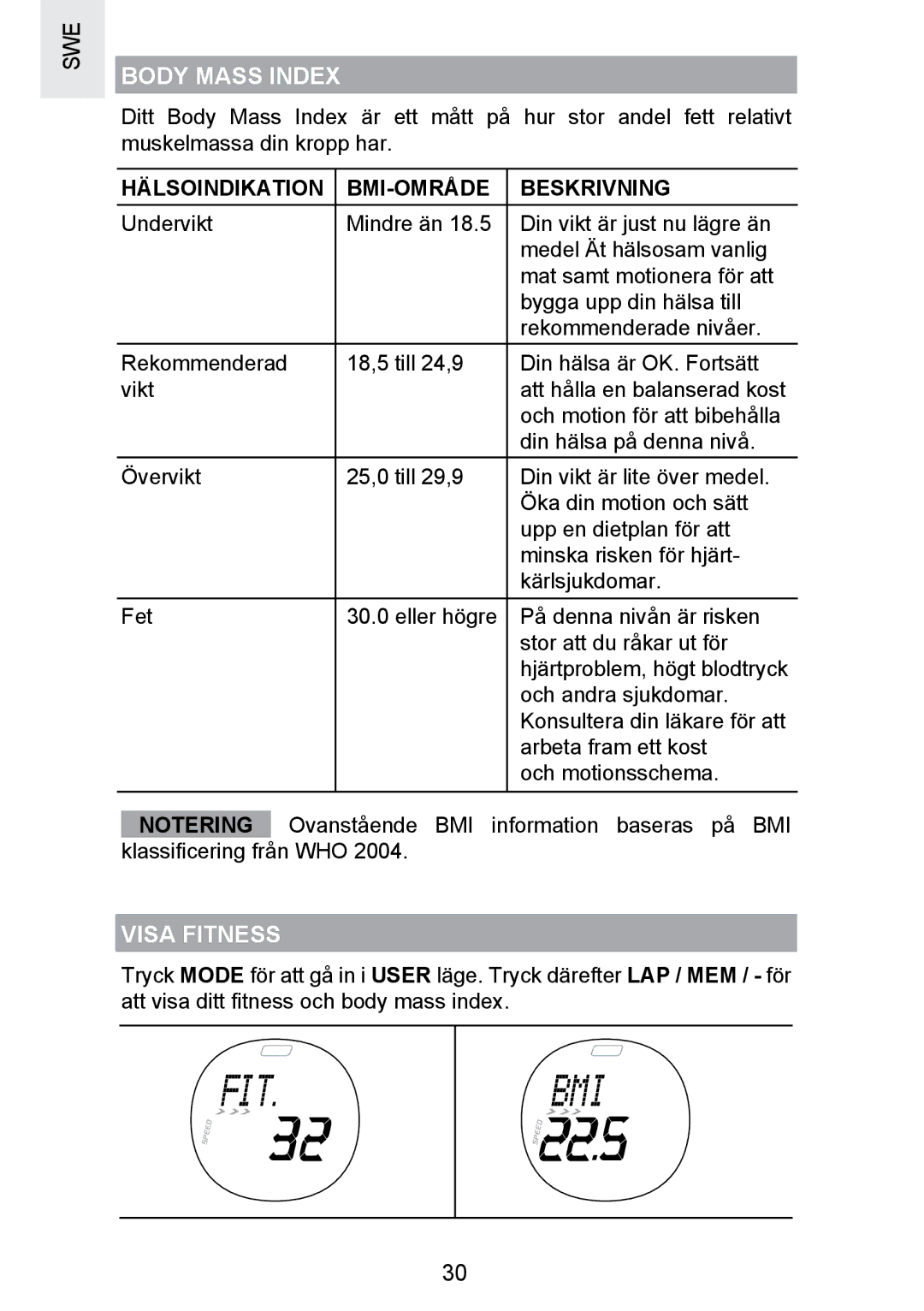 Oregon Scientific SE300 manual Visa Fitness, Hälsoindikation BMI-OMRÅDE Beskrivning 