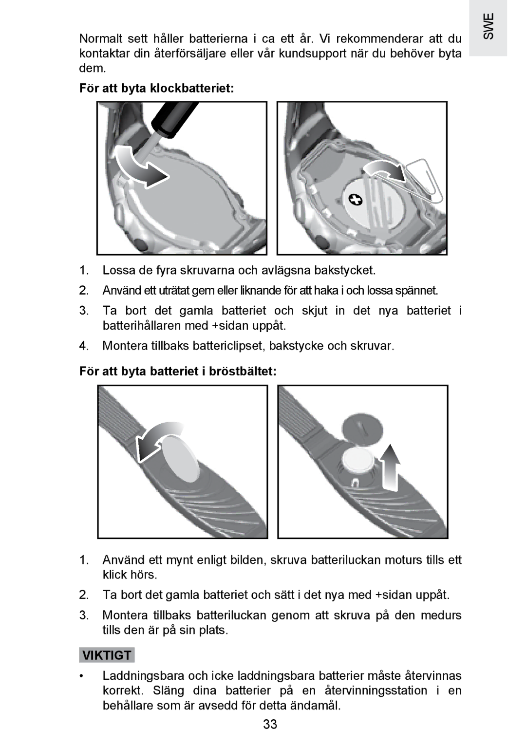 Oregon Scientific SE300 manual För att byta klockbatteriet, För att byta batteriet i bröstbältet, Viktigt 