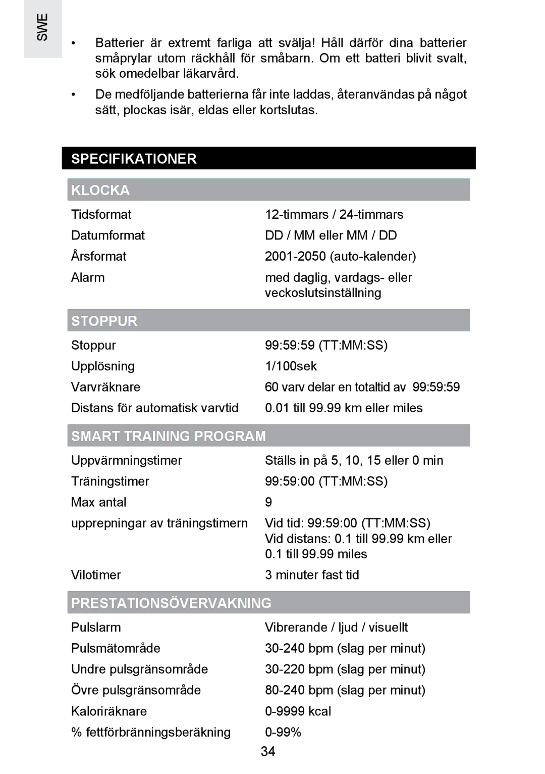 Oregon Scientific SE300 manual Specifikationer Klocka, Prestationsövervakning 