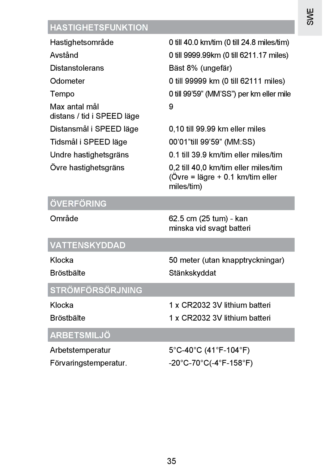 Oregon Scientific SE300 manual Hastighetsfunktion, Överföring, Vattenskyddad, Strömförsörjning, Arbetsmiljö 