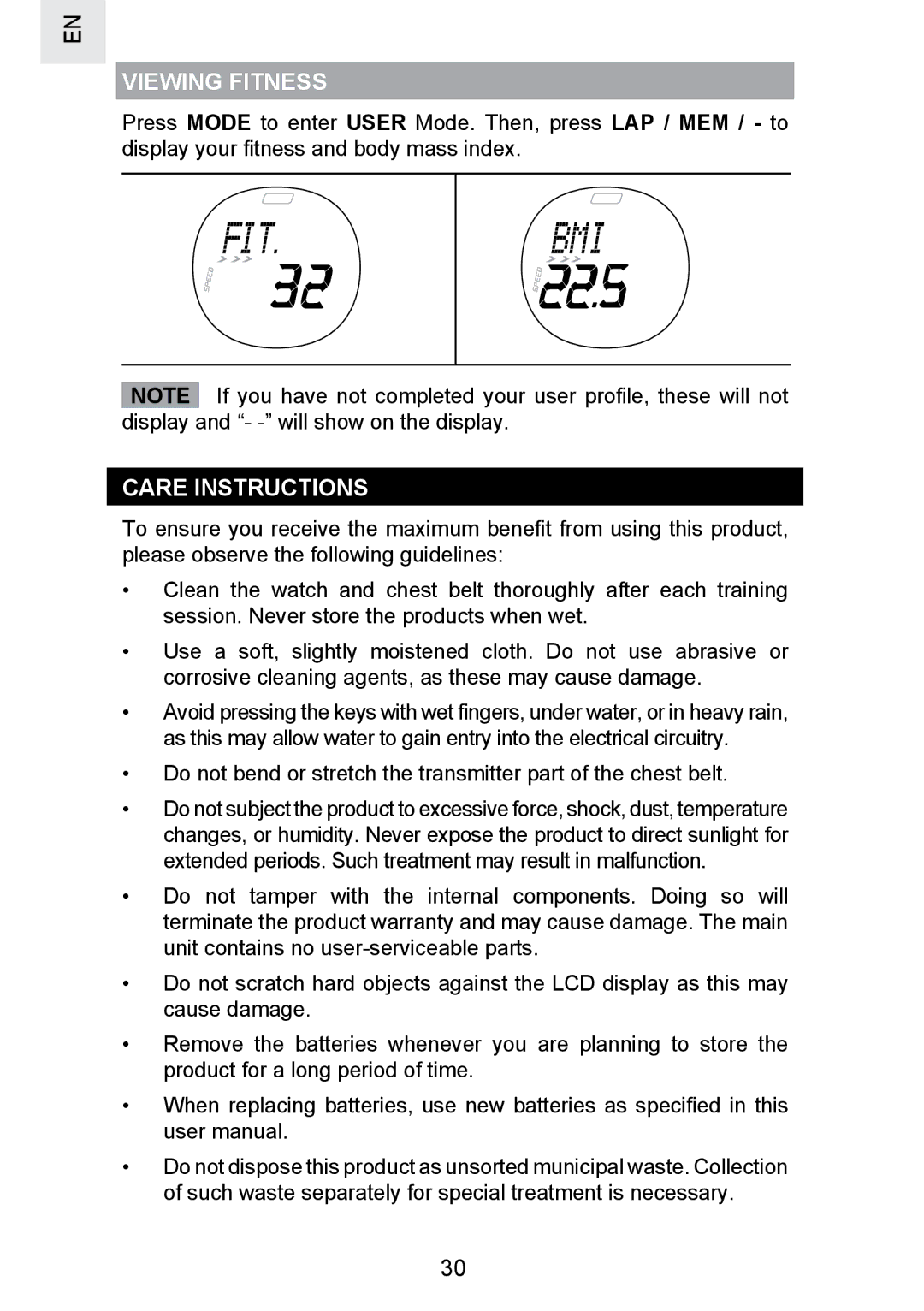 Oregon Scientific SE300 manual Viewing Fitness, Care Instructions 