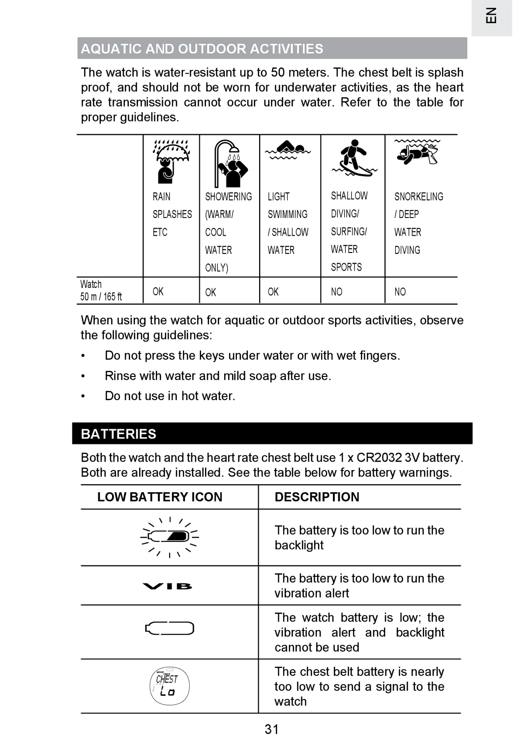 Oregon Scientific SE300 manual Aquatic and Outdoor Activities, Batteries, LOW Battery Icon Description 