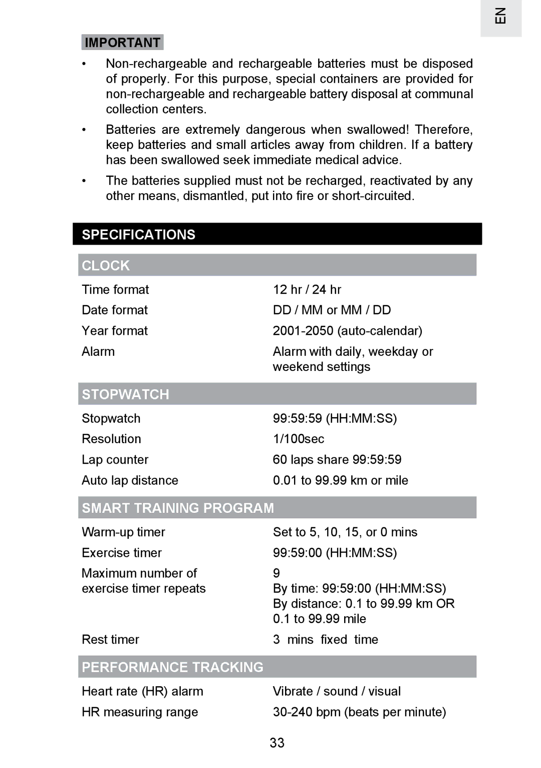 Oregon Scientific SE300 manual Specifications Clock, Smart Training Program, Performance Tracking 