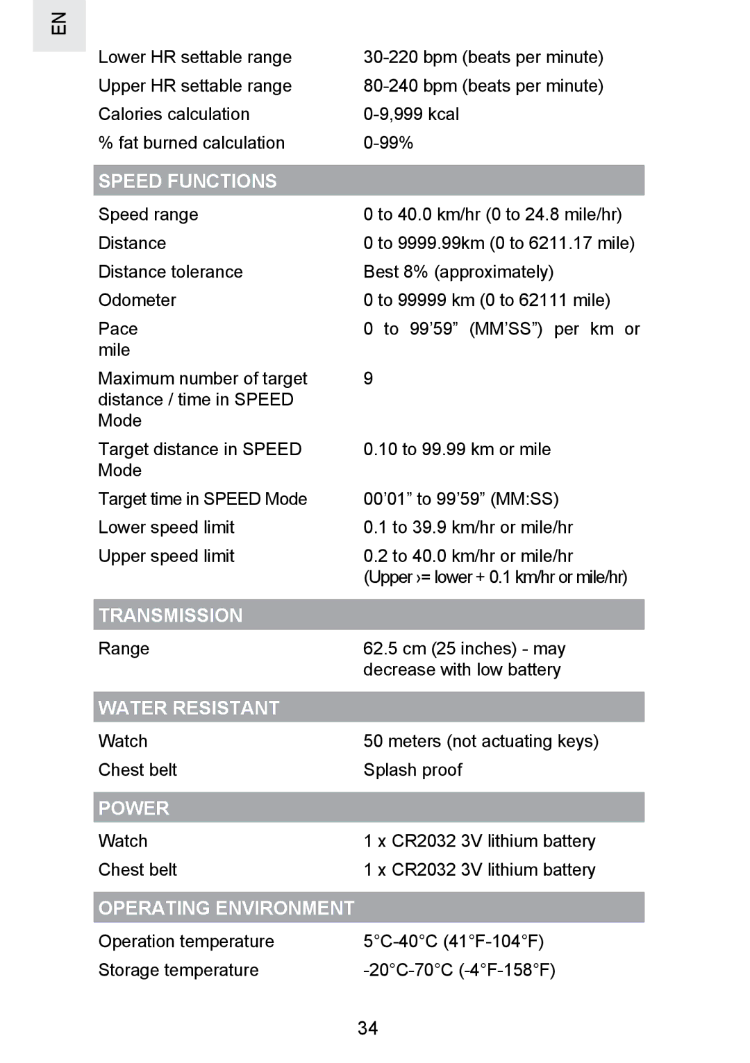 Oregon Scientific SE300 manual Speed Functions, Transmission, Water Resistant, Power, Operating Environment 