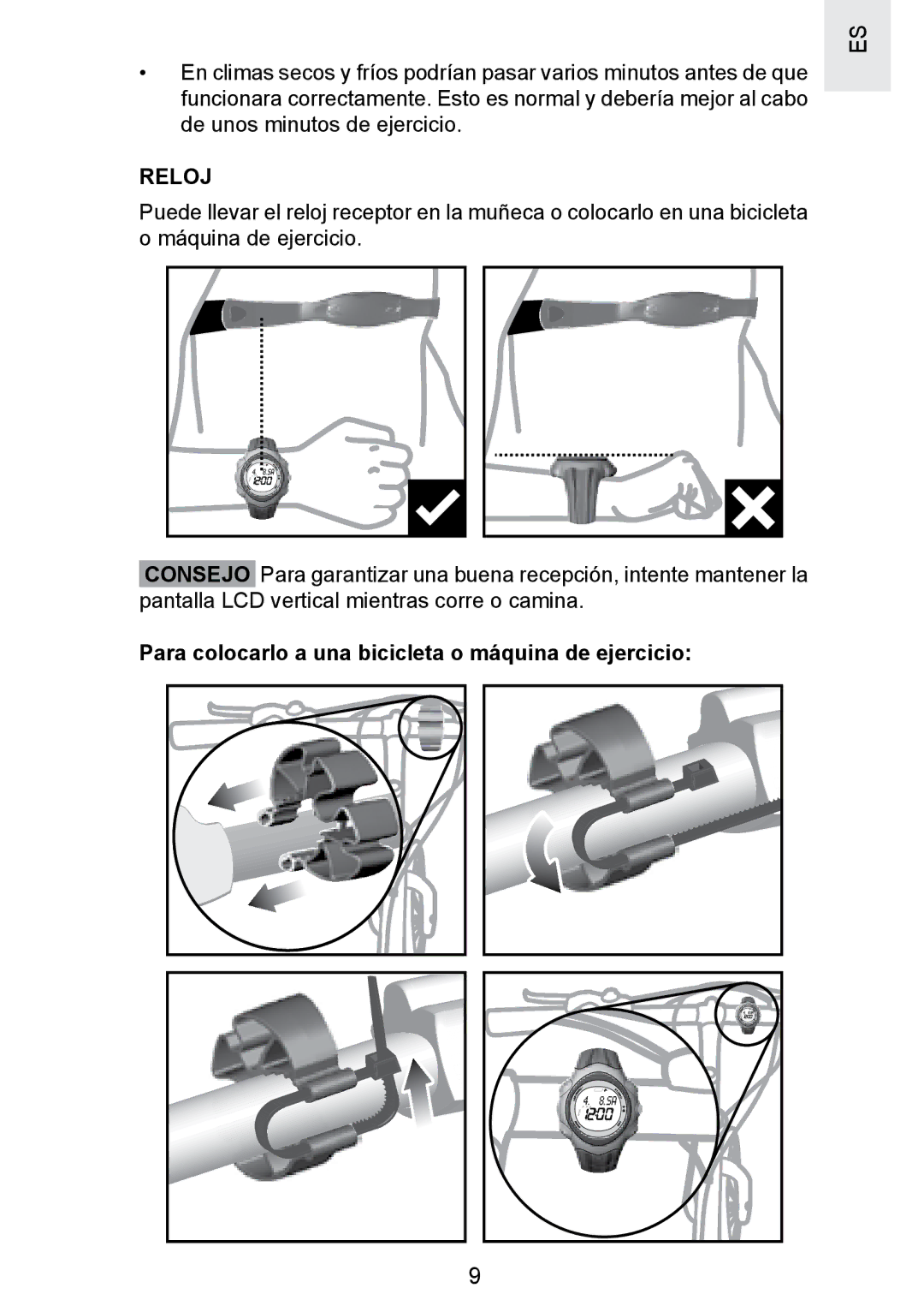 Oregon Scientific SE300 manual Reloj, Para colocarlo a una bicicleta o máquina de ejercicio 