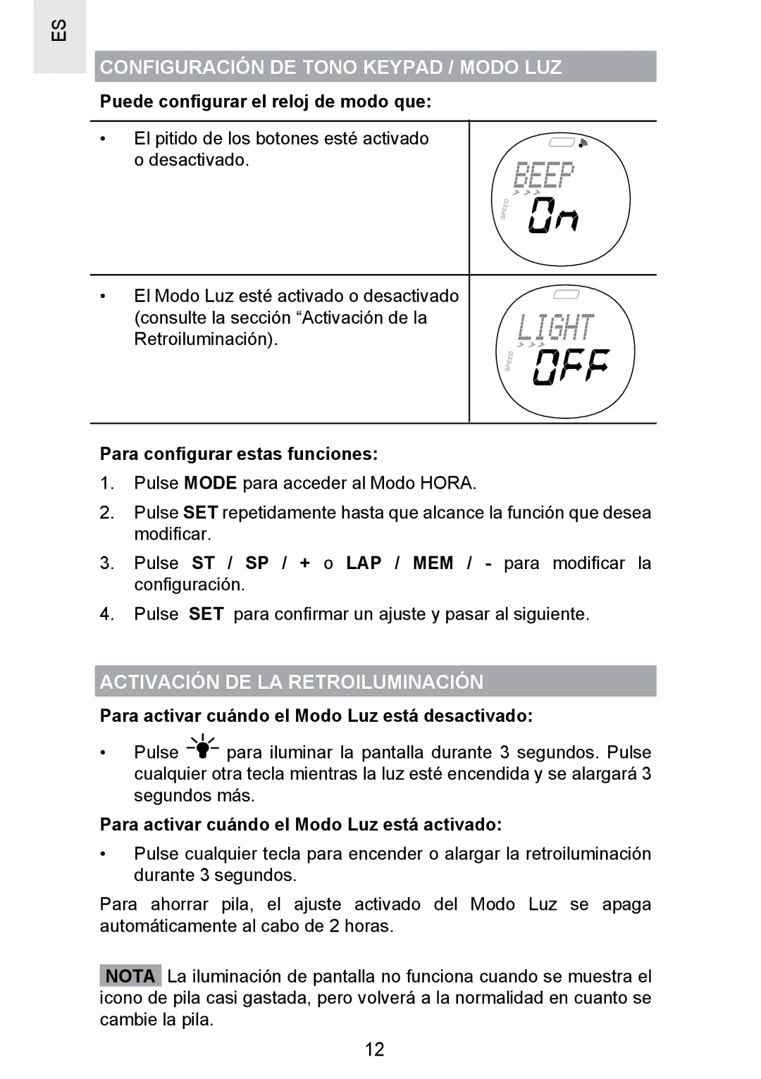 Oregon Scientific SE300 manual Configuración DE Tono Keypad / Modo LUZ, Activación DE LA Retroiluminación 