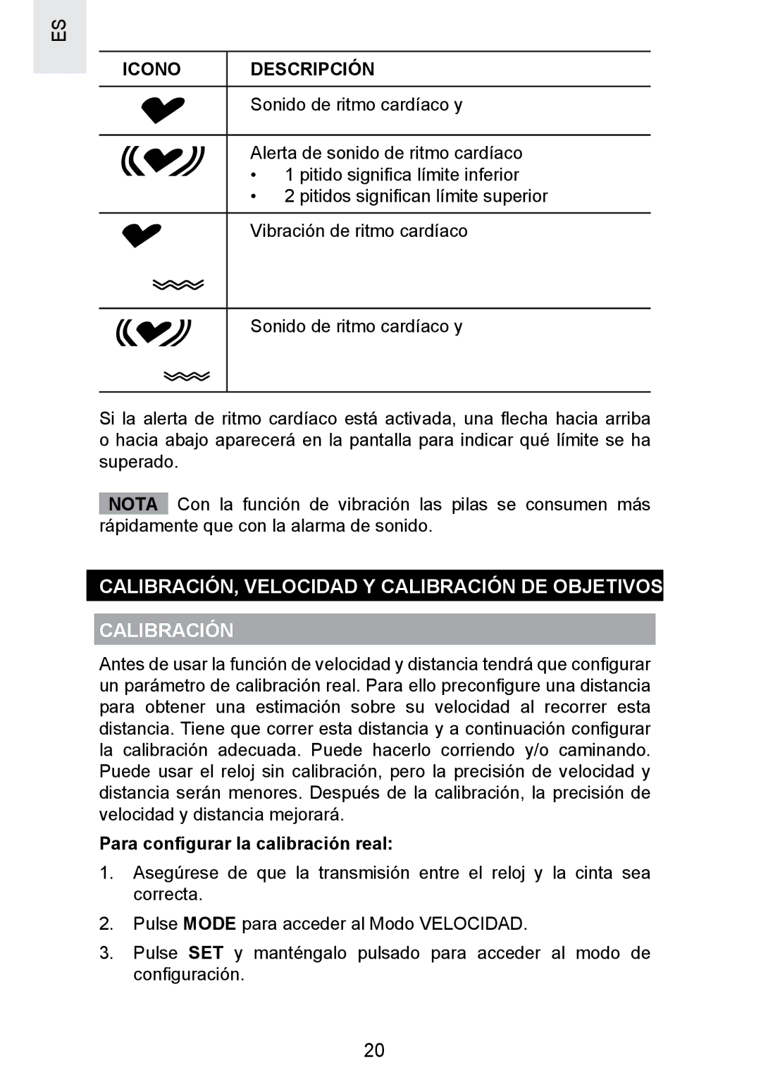 Oregon Scientific SE300 manual CALIBRACIÓN, Velocidad Y Calibración DE Objetivos, Sonido de ritmo cardíaco y 