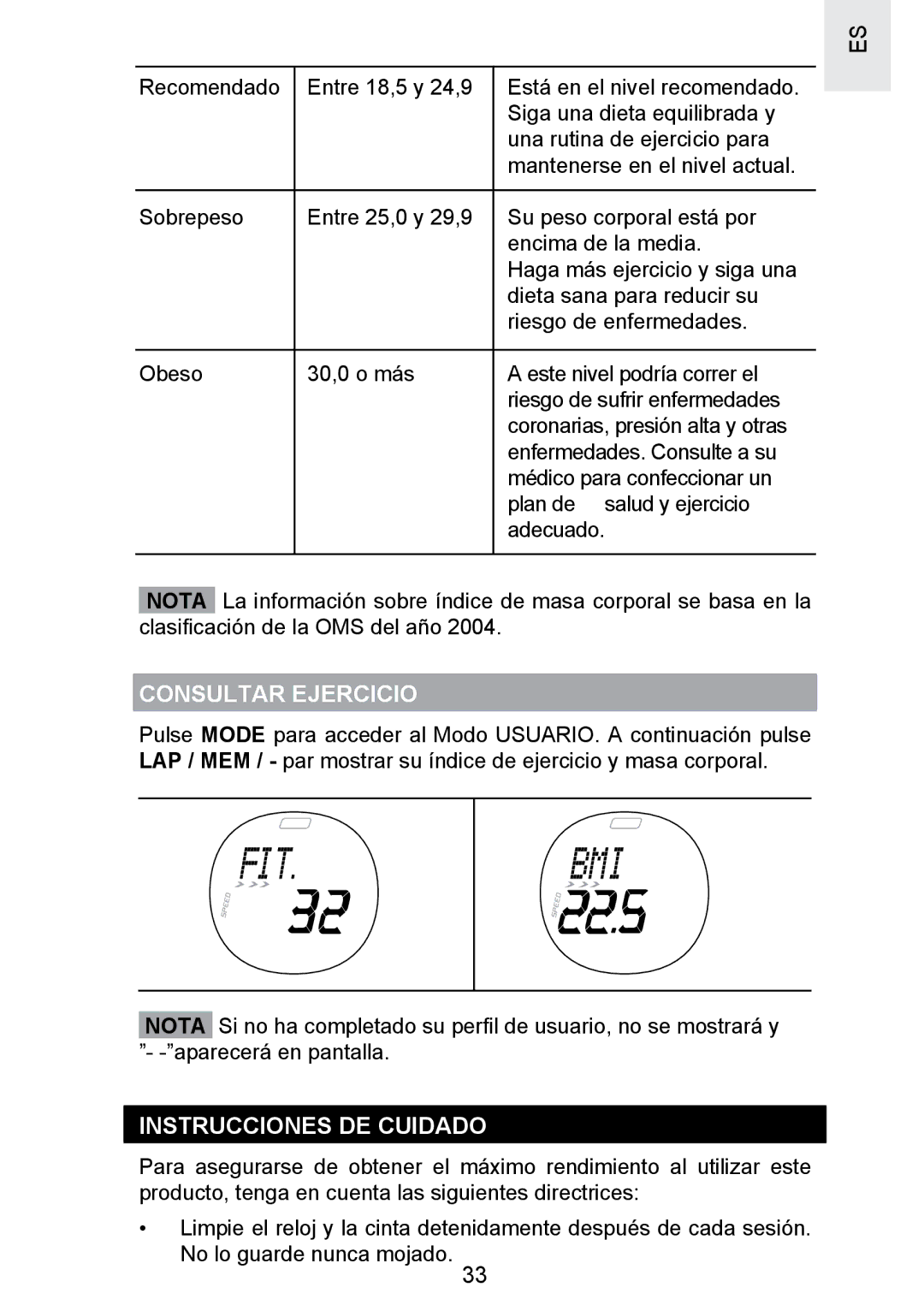 Oregon Scientific SE300 manual Consultar Ejercicio, Instrucciones DE Cuidado 