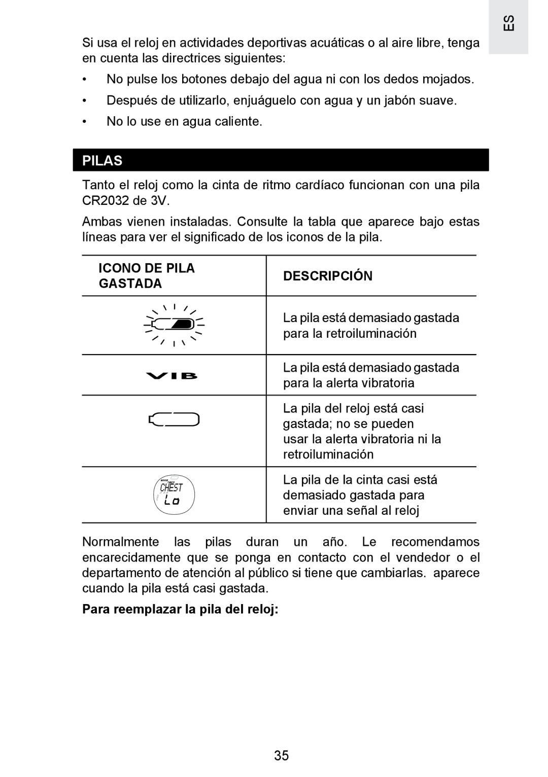 Oregon Scientific SE300 manual Pilas, Icono DE Pila Descripción Gastada, Para reemplazar la pila del reloj 