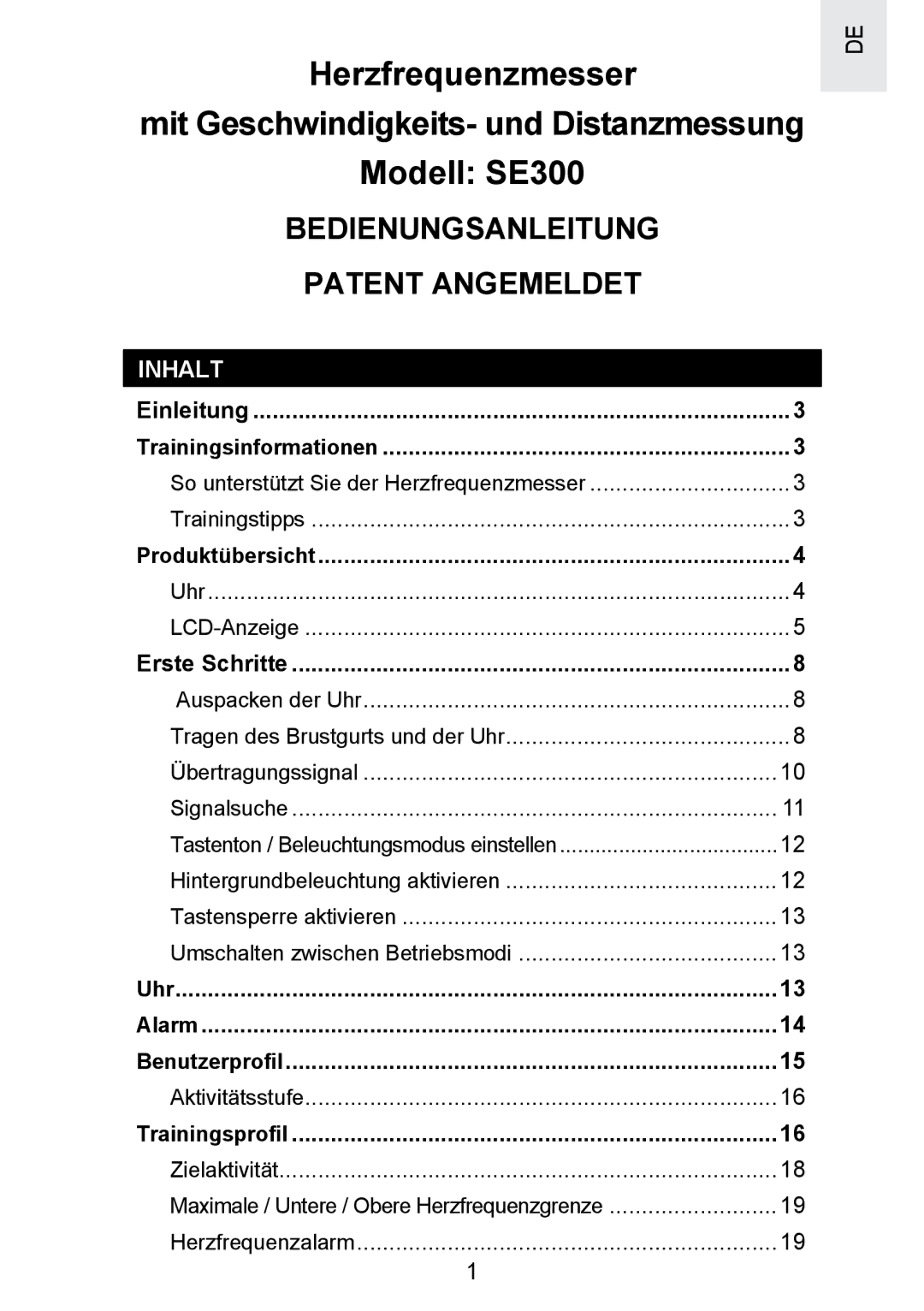 Oregon Scientific SE300 manual Inhalt, Trainingsinformationen, Benutzerproﬁl, Trainingsproﬁl 