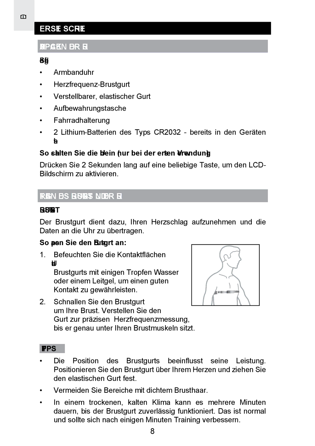 Oregon Scientific SE300 manual Erste Schritte Auspacken DER UHR, Tragen DES Brustgurts UND DER UHR, Tipps 