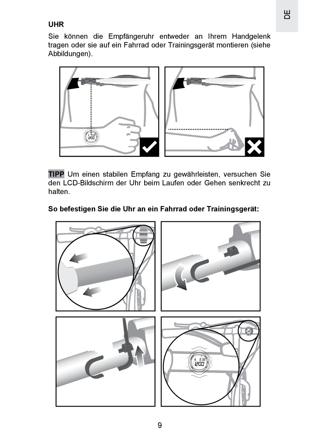 Oregon Scientific SE300 manual So befestigen Sie die Uhr an ein Fahrrad oder Trainingsgerät 