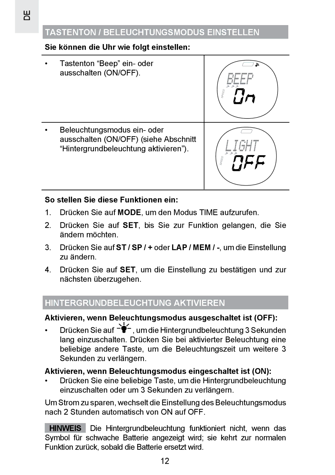 Oregon Scientific SE300 manual Tastenton / Beleuchtungsmodus Einstellen, Hintergrundbeleuchtung Aktivieren 