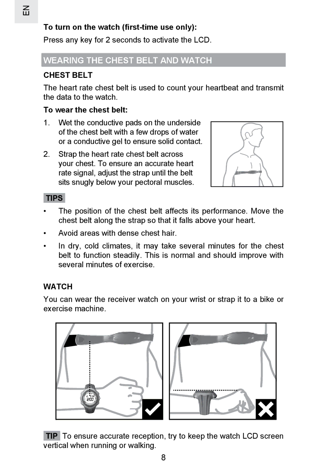 Oregon Scientific SE300 manual Wearing the Chest Belt and Watch, Tips 