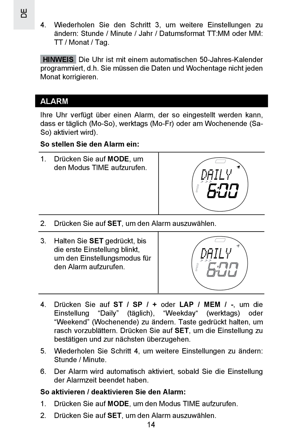 Oregon Scientific SE300 manual So stellen Sie den Alarm ein, So aktivieren / deaktivieren Sie den Alarm 