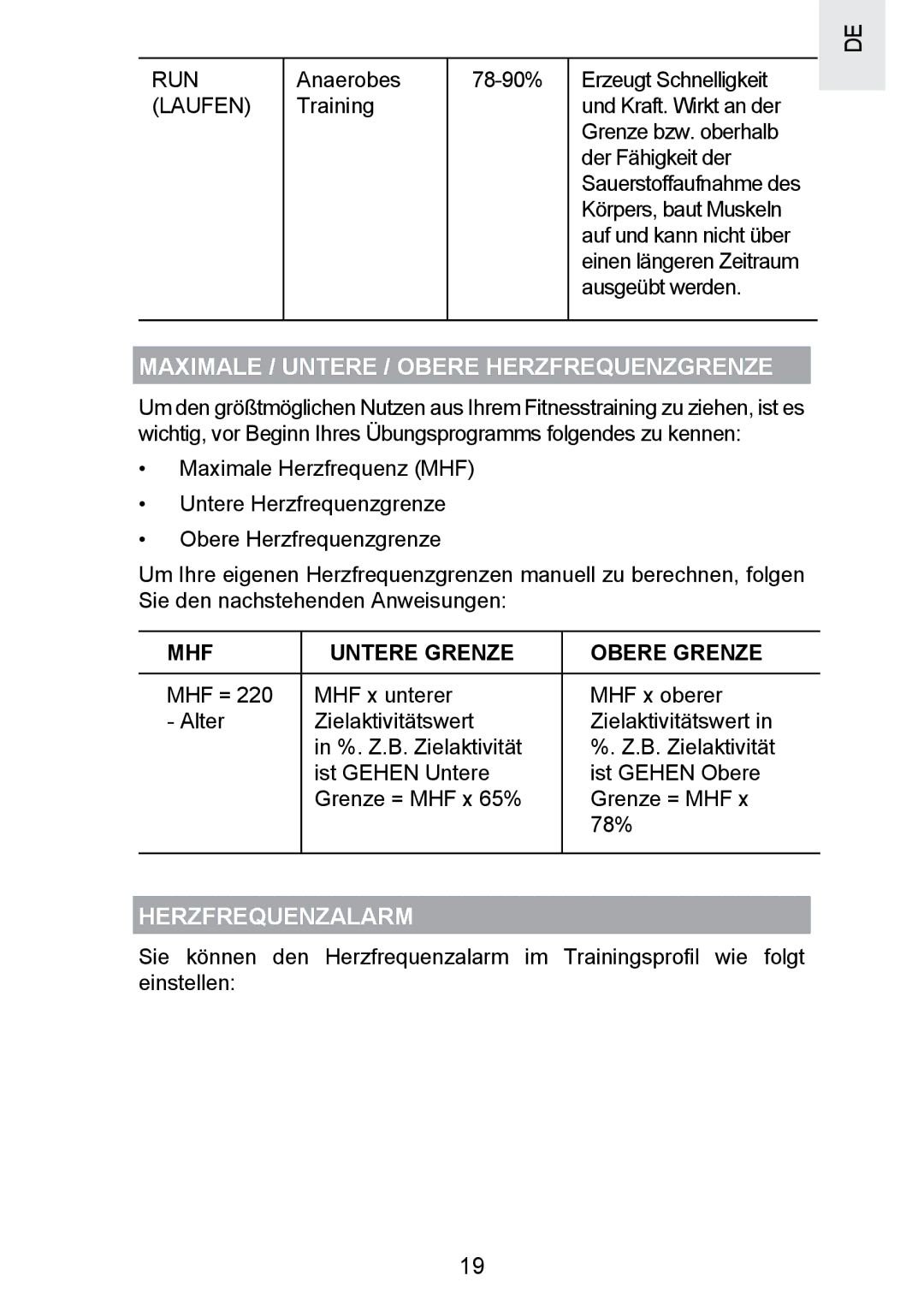 Oregon Scientific SE300 manual Maximale / Untere / Obere Herzfrequenzgrenze, Herzfrequenzalarm, Laufen 