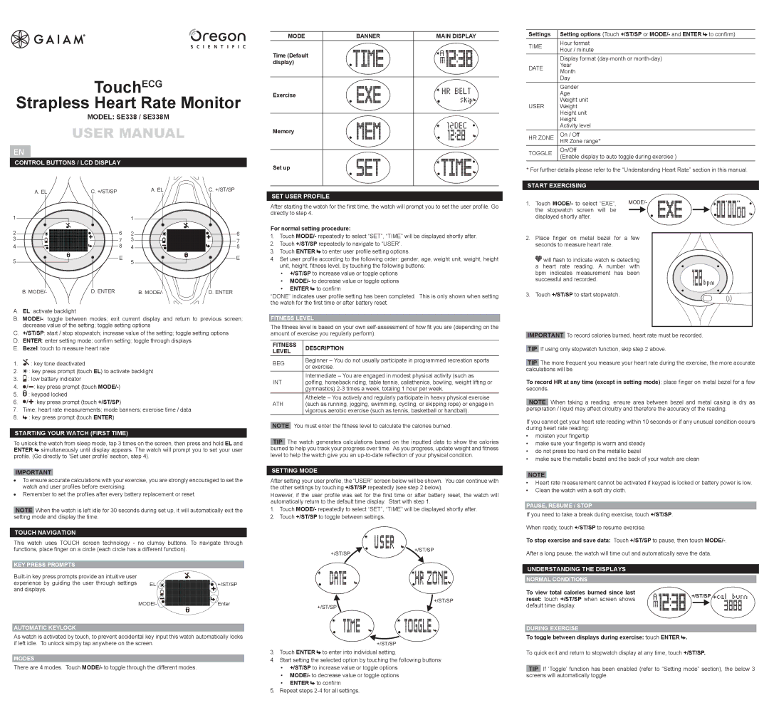 Oregon Scientific SE330M user manual Mode Banner, Fitness Description Level 