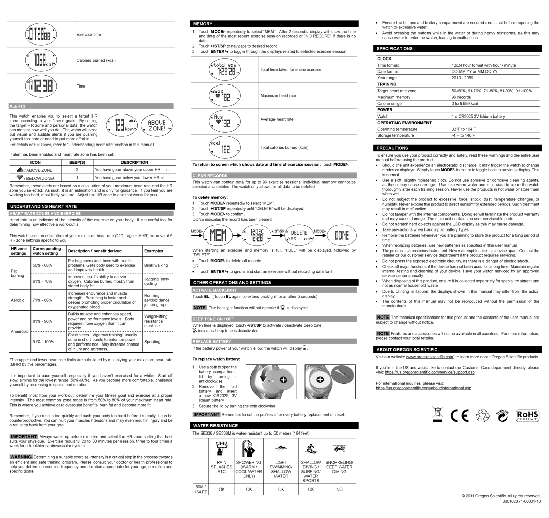 Oregon Scientific SE330M user manual Icon Beeps Description, Clock, Training, Power, Operating Environment 