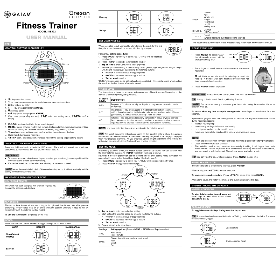 Oregon Scientific SE332 user manual Mode Banner, Fitness Description Level 