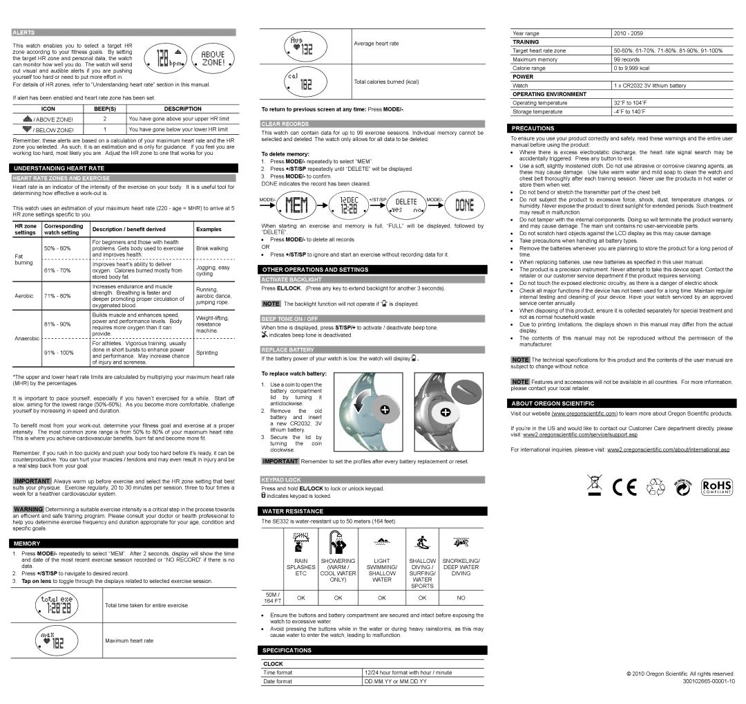 Oregon Scientific SE332 user manual Icon Beeps Description, Clock, Training, Power, Operating Environment 