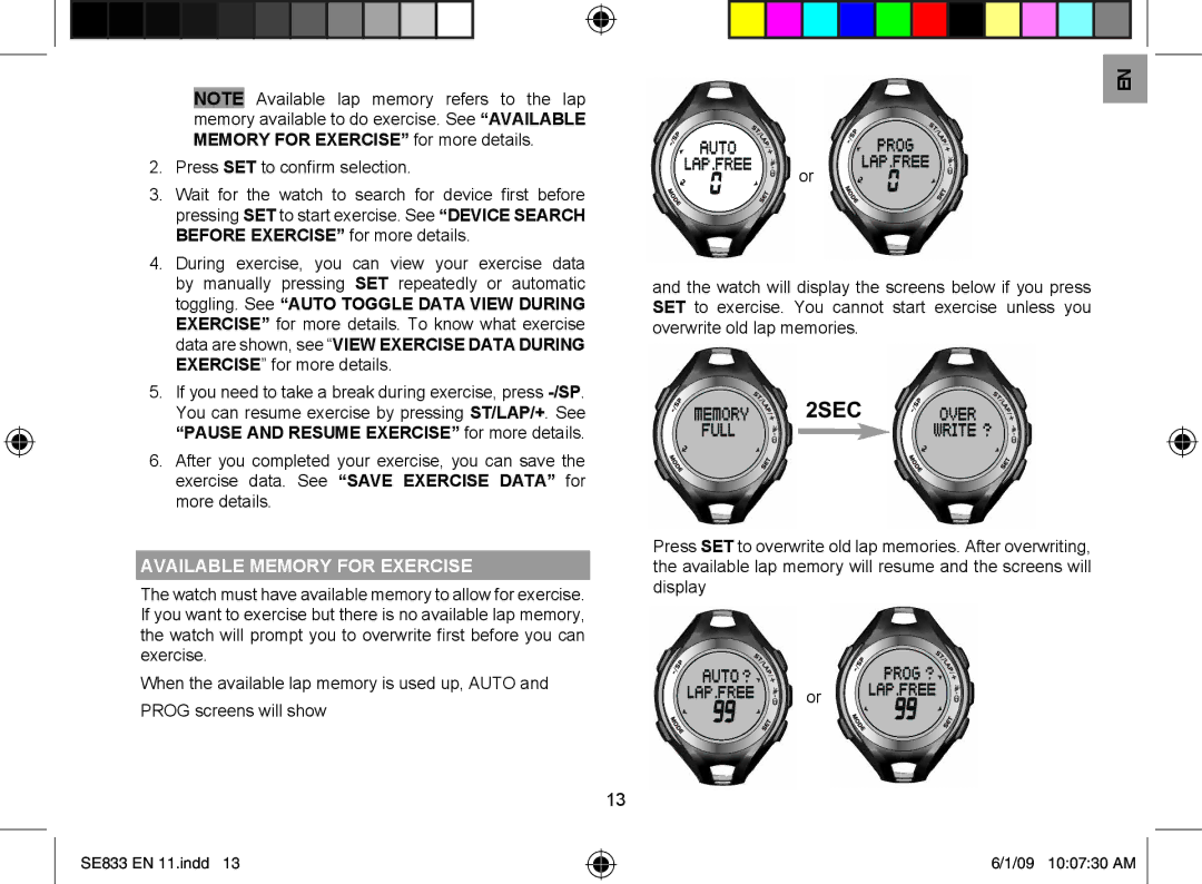 Oregon Scientific SE833 user manual 2SEC, Available Memory for Exercise 