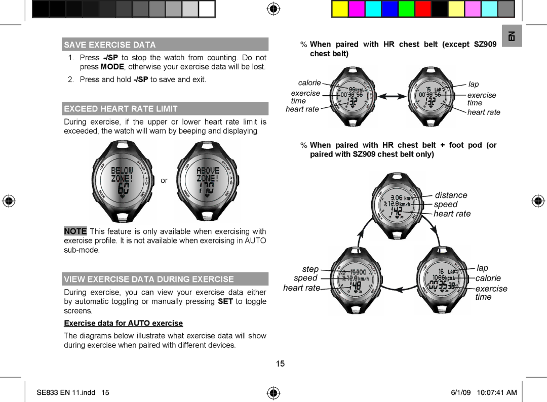 Oregon Scientific SE833 user manual Save Exercise Data, Press and hold -/SPto save and exit, Exceed Heart Rate Limit 