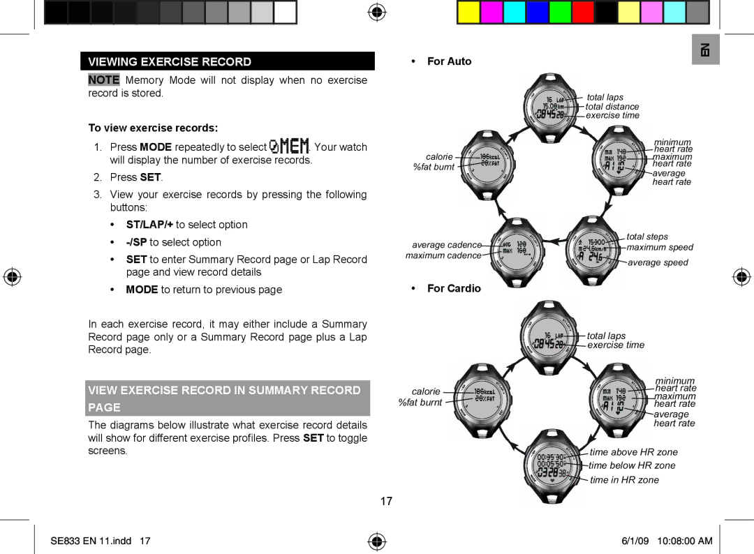 Oregon Scientific SE833 Viewing Exercise Record, To view exercise records, View Exercise Record in Summary Record 