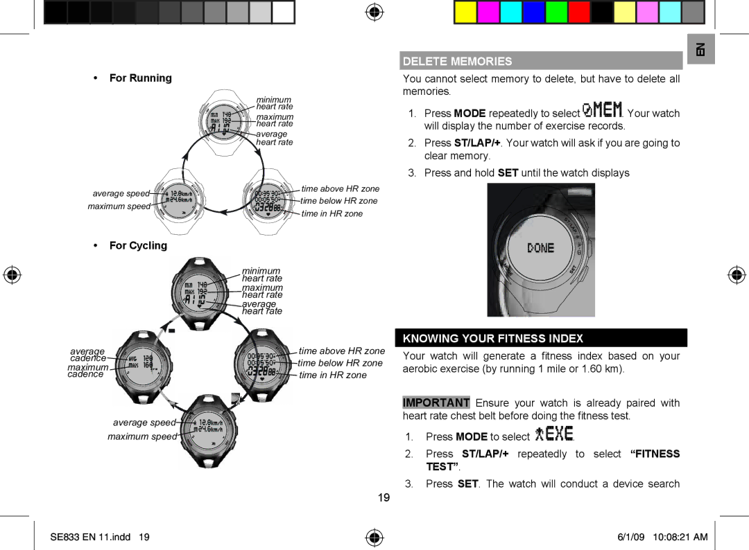 Oregon Scientific SE833 user manual For Running, Delete Memories, Knowing Your Fitness Index 