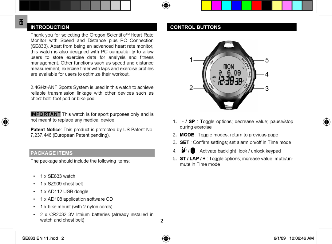 Oregon Scientific SE833 user manual Introduction, Package Items, Control Buttons 