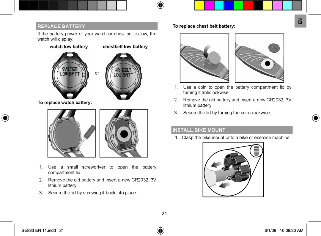 Oregon Scientific SE833 Replace Battery, Watch low battery, To replace watch battery, To replace chest belt battery 